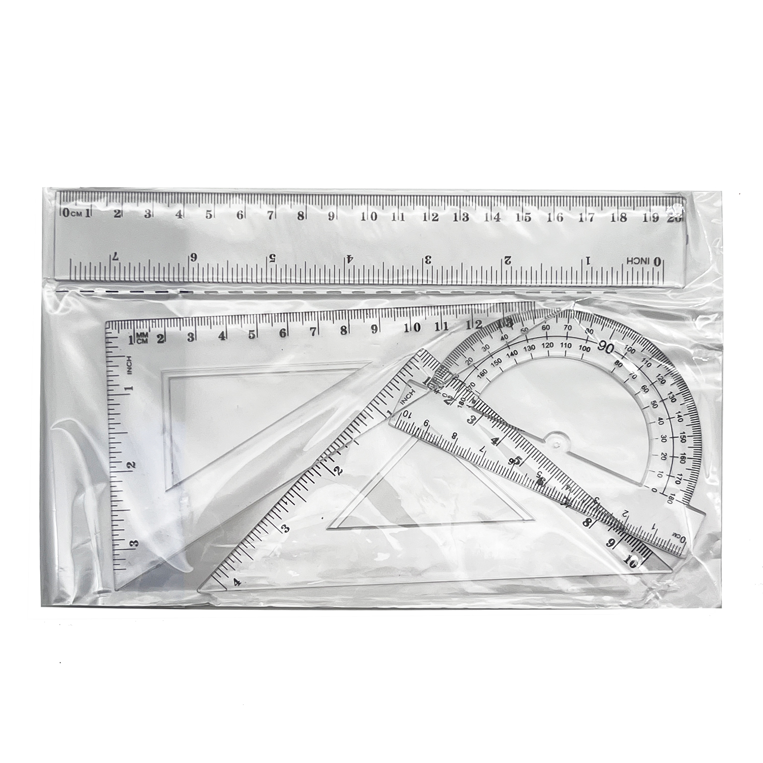 Wholesale school student tools protractor triangle straight 4pcs promotion ruler plastic rulers for school stationery set